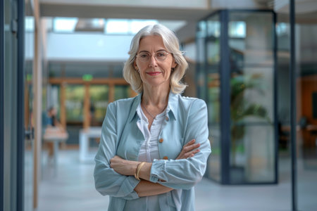 Portrait of senior businesswoman standing with arms crossed in modern officeの素材