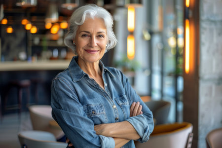 Portrait of smiling senior woman standing with arms crossed in coffee shopの素材