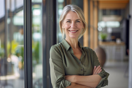 Portrait of smiling mature businesswoman standing with arms crossed in officeの素材
