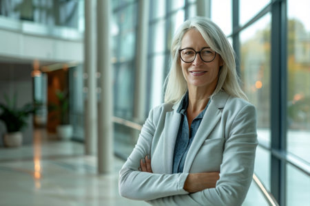 Portrait of smiling mature businesswoman standing with arms crossed in officeの素材