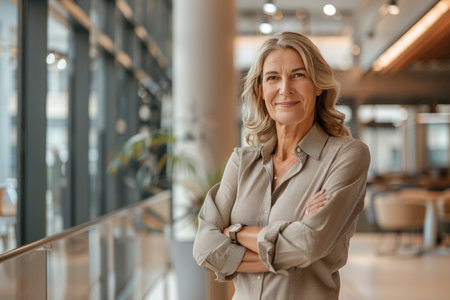 Portrait of mature businesswoman standing with arms crossed in modern officeの素材
