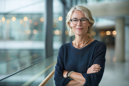 Portrait of smiling senior businesswoman standing with arms crossed in officeの素材