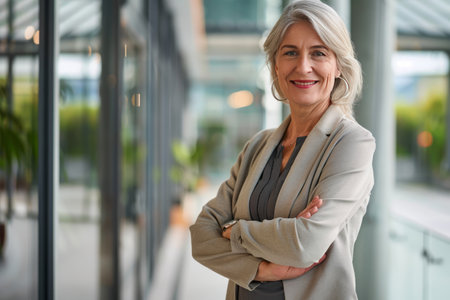 Portrait of smiling senior businesswoman standing with arms crossed in officeの素材