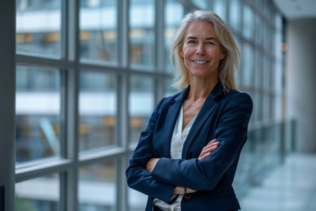 Portrait of smiling mature businesswoman standing with arms crossed in officeの素材