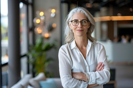 Portrait of mature businesswoman in eyeglasses standing in officeの素材