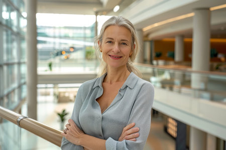 Portrait of mature businesswoman standing with arms crossed in office lobbyの素材