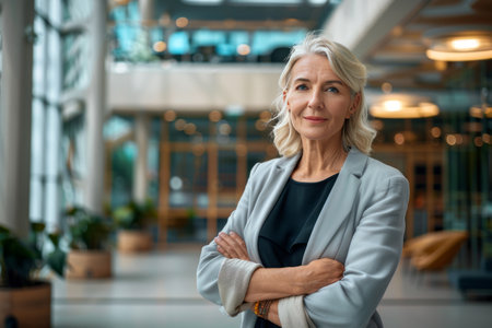 Portrait of mature businesswoman standing with arms crossed in office lobbyの素材
