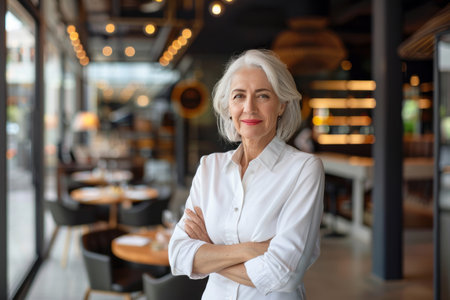 Portrait of mature businesswoman standing with arms crossed in coffee shopの素材