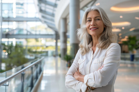 Portrait of confident mature businesswoman standing with arms crossed in officeの素材