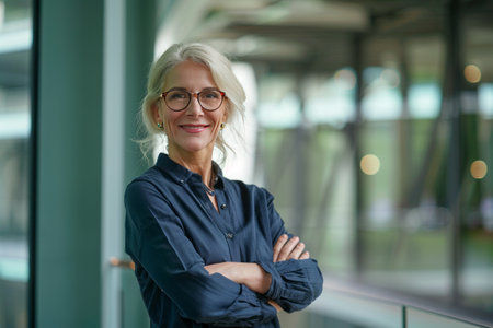 Portrait of smiling senior businesswoman standing with arms crossed in officeの素材