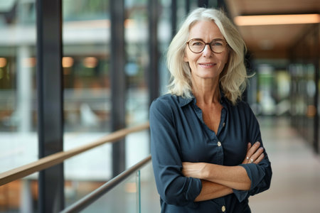 Portrait of smiling senior businesswoman in eyeglasses standing in officeの素材