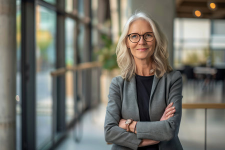 Portrait of mature businesswoman with arms crossed standing in office lobbyの素材