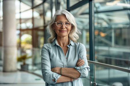 Portrait of smiling senior businesswoman in eyeglasses standing with arms crossed in officeの素材