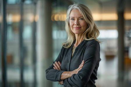 Portrait of mature businesswoman standing with arms crossed in office lobbyの素材
