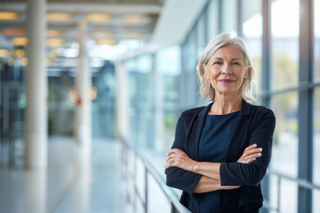Portrait of confident mature businesswoman standing with arms crossed in officeの素材