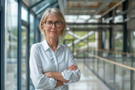 Portrait of mature businesswoman with arms crossed looking at camera in officeの素材