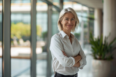 Portrait of mature businesswoman standing with arms crossed in modern officeの素材