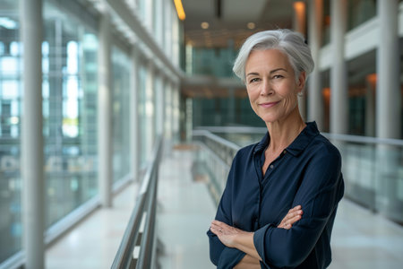 Portrait of mature businesswoman standing with arms crossed in office lobbyの素材