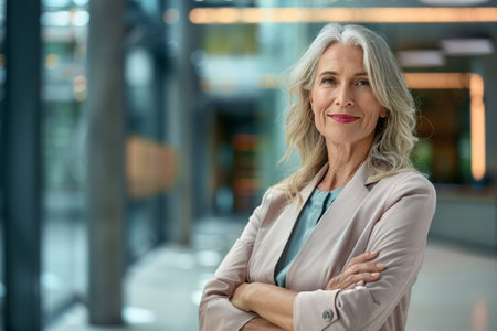 Portrait of mature businesswoman standing with arms crossed in office lobbyの素材