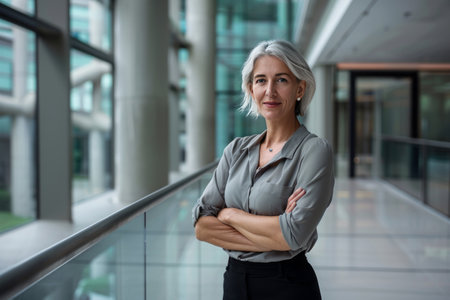Portrait of a confident businesswoman standing with arms crossed in modern officeの素材