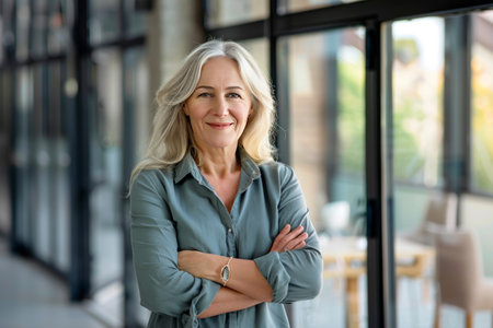 Portrait of happy senior businesswoman standing with arms crossed in officeの素材
