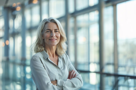 Portrait of confident mature businesswoman standing with arms crossed in officeの素材