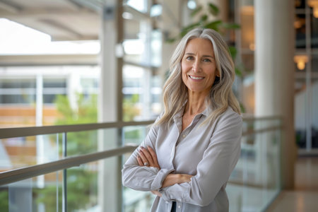 Portrait of mature businesswoman standing with arms crossed in modern officeの素材
