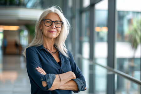 Portrait of beautiful senior businesswoman with arms crossed standing in officeの素材