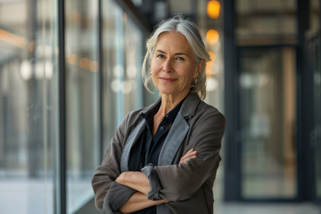 Portrait of mature businesswoman standing with arms crossed in office buildingの素材
