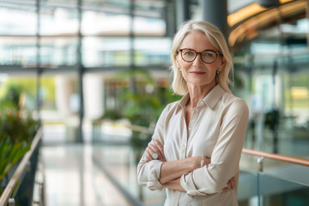Confident mature businesswoman in eyeglasses standing with arms crossed in officeの素材