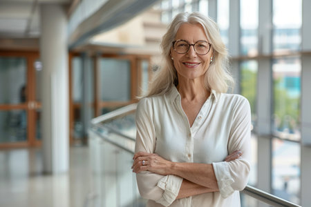 Portrait of happy mature businesswoman in eyeglasses standing with arms crossed in officeの素材