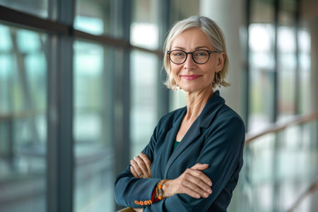 Portrait of a smiling senior businesswoman standing with arms crossed in officeの素材