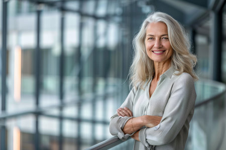Portrait of smiling senior businesswoman standing with arms crossed in officeの素材