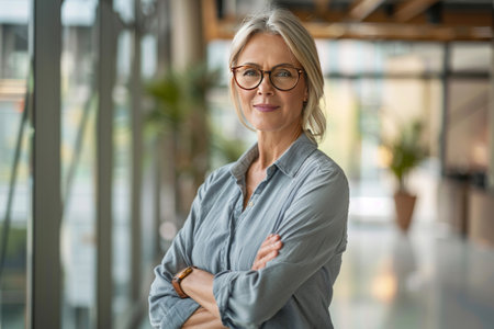 Portrait of confident mature businesswoman standing with arms crossed in officeの素材