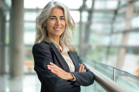 Portrait of a smiling businesswoman standing with arms crossed in officeの素材