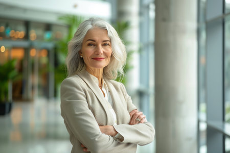 Portrait of senior businesswoman standing with arms crossed in office lobbyの素材