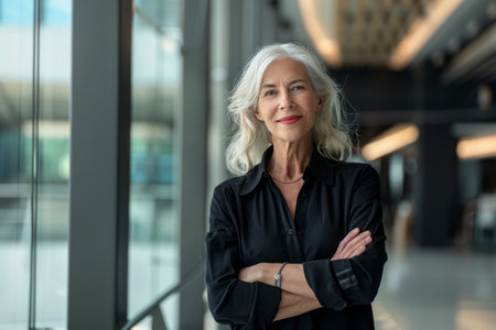 Portrait of mature businesswoman standing with arms crossed in modern officeの素材