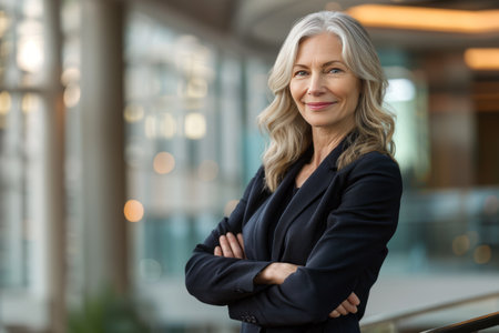 Portrait of confident mature businesswoman standing with arms crossed in officeの素材