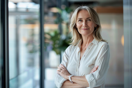 Portrait of confident mature businesswoman standing with arms crossed in officeの素材