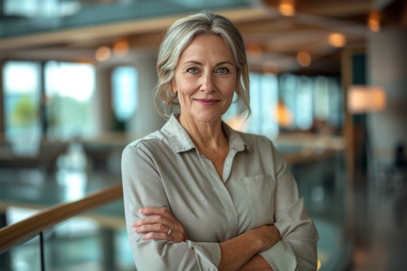 Portrait of mature businesswoman standing with arms crossed in modern officeの素材