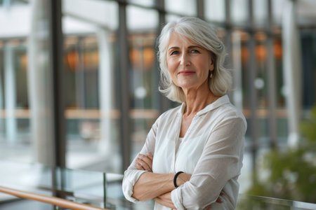 Portrait of senior businesswoman standing with arms crossed in modern officeの素材