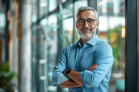 Portrait of a confident mature businessman standing with arms crossed in officeの素材