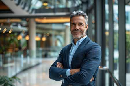 Portrait of confident mature businessman standing with arms crossed in office lobbyの素材