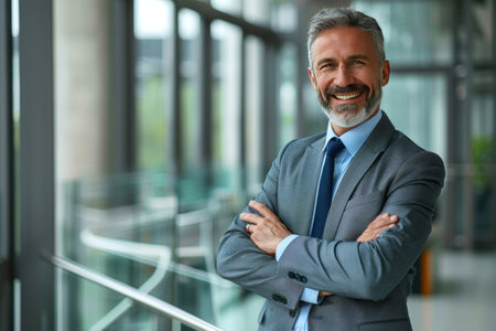 Portrait of a smiling senior businessman standing with arms crossed in officeの素材