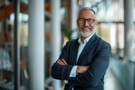 Portrait of confident mature businessman with arms crossed standing in office. Mature businessman looking at camera and smiling. Business conceptの素材
