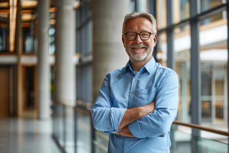 Portrait of a smiling senior businessman standing with arms crossed in officeの素材