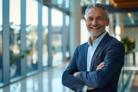 Portrait of smiling mature businessman with arms crossed in corridor of officeの素材