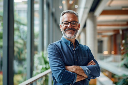 Portrait of handsome mature man standing with arms crossed in modern officeの素材