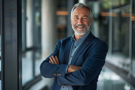 Portrait of a smiling mature businessman standing with arms crossed in officeの素材