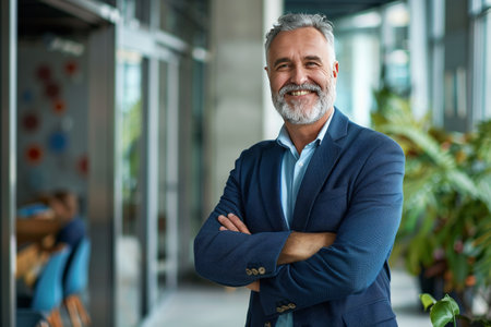 Portrait of confident mature businessman standing with arms crossed in office lobbyの素材